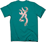 Image of Browning Women's T-shirt Realtree AP Pink Camo Buckmark Logo/teal