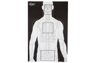 Image of Action Target VTAC-P, Viking Tactics Double Sided Advanced Training Target, Marksmanship Side Has 4 SR-1C Bulls-Eye Target w/1 Square Sighting Grid, Silhouette Side w/Visible Skeleton, Black/White, 23x35, 100 Per Box