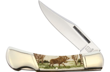 Image of Alaska Scrimshaw Connection Moose Lockback Folding Knife, 2.75 mirror finish stainless clip point blade, Natural smooth bone handle, MFB