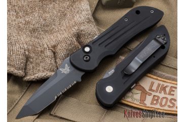 Image of Benchmade Mini Stryker, Auto, Serrated Blade, Tanto, Black Blade Knife 9501SBK