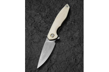 Image of Bestech Knives Bambi Folding Knife, 4.13in Closed, 3.13in Mirror Damascus Steel Blade, Ox Bone Handle, Gold Accents, Brown Leather Belt Sheath, BL08C