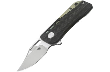 Image of Bestech Knives Engine Bowie Framelock Folding Knife, 2.25in Satin S35Vn SS Clip Point Blade, Carbon Fiber Handle With Green Titanium Back Handle, Thumb Pull, Pocket Clip, BT1806C