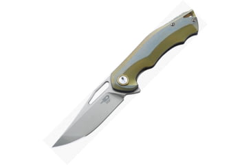 Image of Bestech Knives TERCEL Framelock Gold Folding Knife, 3.75in Stonewash Cpm S35Vn SS Clip Point Blade, Blue/Gold Anodized Titanium Handle, Black Nylon Zippered Case, Blue and gold, BT1708A