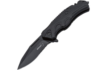 Image of Boker Plus Savior 2 Linerlock Black Folding Knife, 3.38 black partially serrated 12C27 Sandvik stain, Black FRN handle with black TPR inlay, 01BO321
