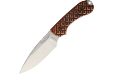 Image of Bradford Knives Guardian 3 Tiger Stripe, 6 3/4in Fixed Blade Knife, 6.75in Overall, 3.25in Stonewash N690 SS Drop Point, Textured G10 Handle, Black/Orange Handle, Brown Leather, 3FE-006-N690