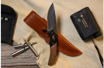 Image of Browning Large Hunter Fixed Blade Knife, 3.625in, 440-C, Drop Point, Wood Handle, Split Grain Leather, 3220397B