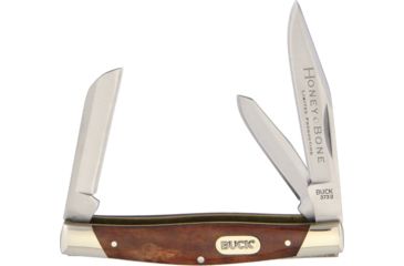 Image of Buck Knives Stockman Trio Bone Folding Knife,Standard Edge,Clip,Spey and Sheepsfoot,Satin,Brown,Honey Bone Handle BU373BRSSM