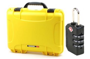 Image of Nanuk 910 Hard Plastic Waterproof Case, Yellow w/  Part Foam Insert 910-1004 with Nanuk padlock w/logo 900-LOCK NANUK 910-1004-KIT1