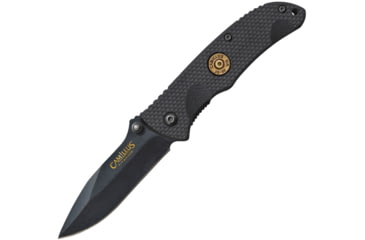 Image of Camillus Knives Rimfire 30-60 Linerlock Folding Knife, 2.75in Black Carbonitride Titanium Coated Aus-8 SS Drop Point, Black G10 Handle, Pocket Clip, 30-60 Bullet Cap Inlay, Black, 19471