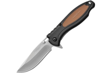 Image of Camillus Knives TigerSharp Linerlock Folding Knife, 3in Satin SS Drop Point, Black Frn Handle, Brown Rubber Handle Insert, One Standard Edge And One Serrated Replaceable Blade, Black, 19131