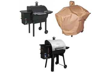Image of Camp Chef Pellet Grill &amp; Smoker DLX, Black, with Tan Patio Cover, PCPG24L, and Blanket for 24in Pellet Grills, Grey, PG24BLKL