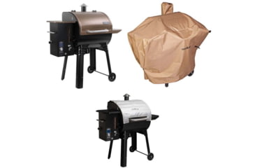 Image of Camp Chef SmokePro SG 24 Wi-Fi Pellet Grill, Black/Bronze, with Tan Patio Cover, PCPG24L, and Blanket for 24in Pellet Grills, Grey, PG24BLKL