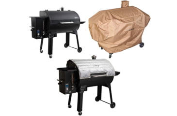Image of Camp Chef SmokePro SGX 36 Wi-Fi Pellet Grill, Black, with Tan Patio Cover, PCPG36L, and Blanket for 36in Pellet Grills, Grey, PG36BLKL