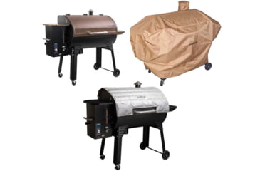 Image of Camp Chef SmokePro SGX 36 Wi-Fi Pellet Grill, Bronze, with Tan Patio Cover, PCPG36L, and Blanket for 36in Pellet Grills, Grey, PG36BLKL