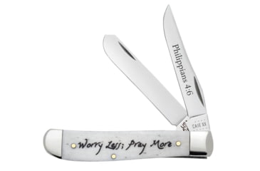 Image of Case Mini Trapper Folding Knife Worry Less Pray More, 3.5 in, Tru-Sharp Surgical Steel, Embellished Smooth Natural Bone Handle, 60869