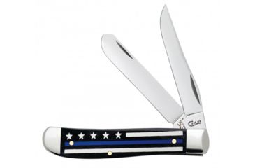 Image of Case Stripes of Service - Embellished Mini Trapper Folding Knive, Surgical Steel Clip and Spey Blades, Smooth Natural Bone Multi Handle, Blue Line, 3.5in Closed, 06568