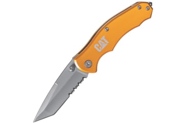 Image of Caterpillar Linerlock Yellow Folding Knife, 2.63in Satin Partially Serrated SS Tanto Blade, Yellow Aluminum Handle, Glass Breaker, Thumb Stud, Pocket Clip, Yellow, 980011