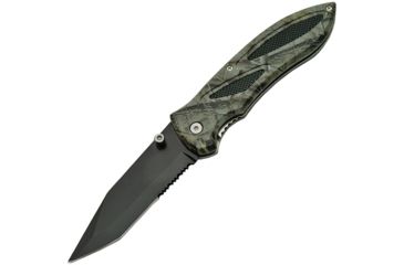Image of China Made Camo Linerlock Folding Knife,3.75in,Stainless Steel,Partially Serrated,Tanto,Black,Camo,Synthetic Handle CN211219