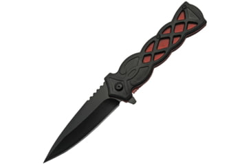 Image of China Made Celtic Linerlock A/O Red Folding Knife, 3.5 black finish stainless blade, Black plastic handle, 300517
