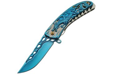 Image of China Made Dragon Linerlock Blue A/O Folding Knife,3.5in,Stainless Steel,Standard Edge,Blue and Satin CN300400BL