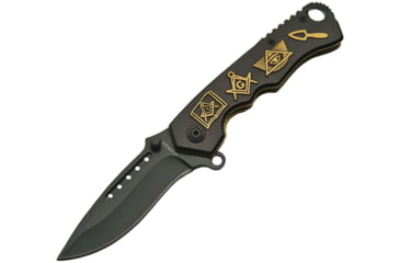 Image of China Made Folder Gold Mason Symbol Folding Knife, 3.5in Black SS Drop Point, Black Aluminum, Black, 300423-GD