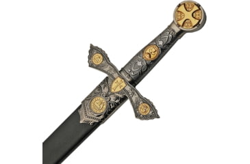 Image of China Made Knights Templar Sword, 33in Overall, 22in Mirror Unsharpened SS Blade, Gold Finish Pewter Handle And Guard, Black Wood Scabbard, 211434