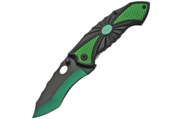 Image of China Made Linerlock A/O Folding Knife, 4.5in Closed, 3.25in Two-Tone Finish SS Blade, Black/Green Checkered Aluminum, Black/Green, 300445-GN