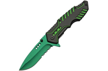 Image of China Made Linerlock A/O Folding Knife, 4.88in Closed, 3.5in Green Finish Partially Serrated SS Drop Point, Black/Green Aluminum, Black/Green, 300413-GN