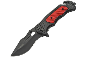 Image of China Made Linerlock A/O Folding Knife, 5in Closed, 3.75in Black Partially Serrated SS Blade, Black/Red Aluminum, Black/Red, 300446-RD