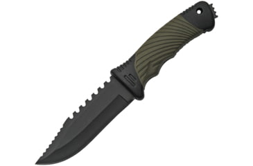 Image of China Made Saw Back Plastic Handle Knife, 4.25 black finish sawback stainless blade, Black plastic handle with green rubber onlay, 211493-SB