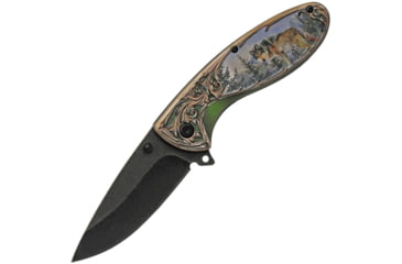 Image of China Made Wildlife Linerlock Wolf Folding Knife, 3 black stonewash finish stainless blade, ABS handle, 300508-WF