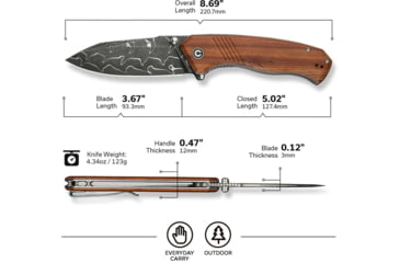 Image of CIVIVI Placoid Folding Knife, 3.67in, Damascus, Clip Point Blade, Guibourtia Wood Handle, C23079-DS1