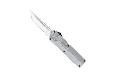 Image of CobraTec Knives Lightweight OTF Knife, 3.25in, D2 Steel, Tanto Serrated, Grey Handle, GYCTLWTS