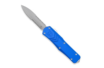 Image of CobraTec Knives FS-X Medium Gen II OTF Automatic Folding Knife, 3in, Stonewashed D2 Steel Blade, Dagger 2 Side Serrated Blade, Blue Handle, MBLUFS-XGEN2DAG2S