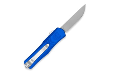 Image of CobraTec Knives FS-X Small Gen II OTF Knife, Automatic Folding Knife, 2.75in, Stonewashed D2 Steel, Drop Point Non-Serrated Blade, Aircraft Aluminum, Blue Handle, SBLUFS-XGEN2DNS