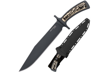 Image of Cold Steel Drop Forged Bowie Fixed Blade Knife, 9.5in, 52100 High Carbon Steel, Fixed Plain Bowie Black Blade, Black &amp; Ivory Faux Stag Handle, CS-36MK