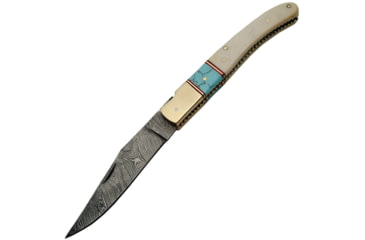 Image of Damascus Bone Turquoise Folder, 4in Damascus Steel Clip Point Blade, Brass BolsterS, White Smooth Bone And Turquoise, DM-1156BO