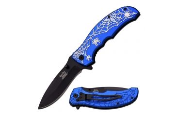 Image of Dark Side Blades Folding Blade, 3.5in, Stainless Steel Blade, Blue Aluminum With Spider Web Design On Handle DS-A047BL