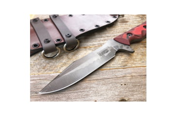 Image of Dawson Knives Mojave 6 Fixed Blade Knife, 11.38in Overall, 6in Hamon Finish Cpm-3V Carbon Steel Blade, Black/Red Sculpted G10 Handle, Serialized, Black Kydex And Brown Leather Sheath, DW03050