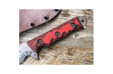 Image of Dawson Knives Mojave 6 Fixed Blade Knife, 11.38in Overall, 6in Hamon Finish Cpm-3V Carbon Steel Blade, Black/Red Sculpted G10 Handle, Serialized, Black Kydex And Brown Leather Sheath, DW03050