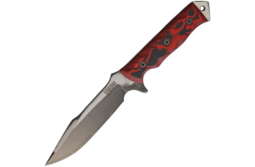 Image of Dawson Knives Mojave 6 Fixed Blade Knife, 11.38in Overall, 6in Hamon Finish Cpm-3V Carbon Steel Blade, Black/Red Sculpted G10 Handle, Serialized, Black Kydex And Brown Leather Sheath, DW03050