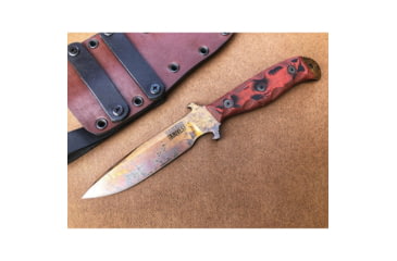 Image of Dawson Knives Raider 5/Red Fixed Blade Knife, 10.25in Overall, 5in Arizona Copper Finish Cpm-3V Carbon Steel Blade, Black/Red Sculpted G10 Handle, Serialized, Black Kydex And Brown Leather Sheath, DW64056