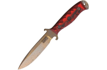 Image of Dawson Knives Raider 5/Red Fixed Blade Knife, 10.25in Overall, 5in Arizona Copper Finish Cpm-3V Carbon Steel Blade, Black/Red Sculpted G10 Handle, Serialized, Black Kydex And Brown Leather Sheath, DW64056