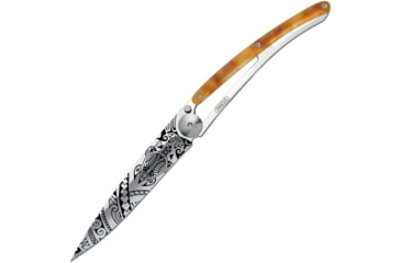 Image of Deejo Tattoo Linerlck 37g Polynesian Folding Knife, 3.75 satin finish Z40C13 stainless blade, Imitation tortoise shell handle with stainless bac, 1AC000101