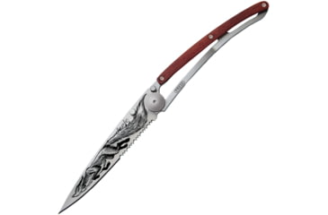 Image of Deejo Tattoo Linerlock 37g Fox Folding Knife, 3.75 satin finish partially serrated Z40C13 stain, Coralwood handle, 1CB000511