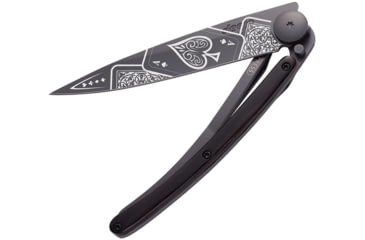 Image of Deejo Tattoo Linerlock 37g Good Luck Folding Knife, 3.75 black titanium coated Z40C13 stainless blade, Ebony wood handle, 1GB000151