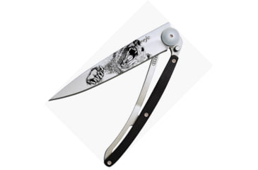 Image of Deejo Tattoo Linerlock 37g Grizzly Folding Knife, 3.75in Z40C13 SS Blade, Pocket Clip, Grizzly Bear Blade Tattoo, Ebony Wood Front, 1CB040