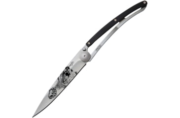 Image of Deejo Tattoo Linerlock 37g Grizzly Folding Knife, 3.75in Z40C13 SS Blade, Pocket Clip, Grizzly Bear Blade Tattoo, Ebony Wood Front, 1CB040