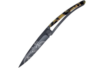 Image of Deejo Tattoo Linerlock 37g Racer Folding Knife, 3.75 black finish Z40C13 stainless blade, Imitation tortoise shell handle with black stainle, 1GC000102