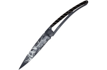 Image of Deejo Tattoo Linerlock 37g Ride/Die Folding Knife, 3.75 black titanium coated partially serrated Z40, Carbon fiber handle, 1GC000511